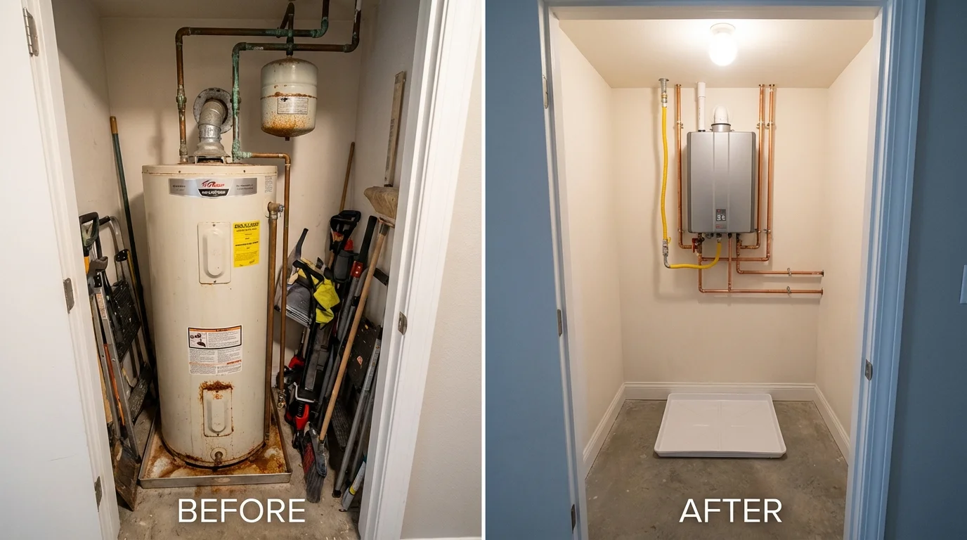 Tank water heater versus wall-mounted tankless unit comparison for Adamstown, MD homeowners